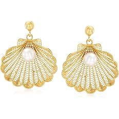 Ross-Simons Italian Cultured Pearl Seashell Drop Earrings in 18kt Gold Over Sterling Silver | Amazon (US)