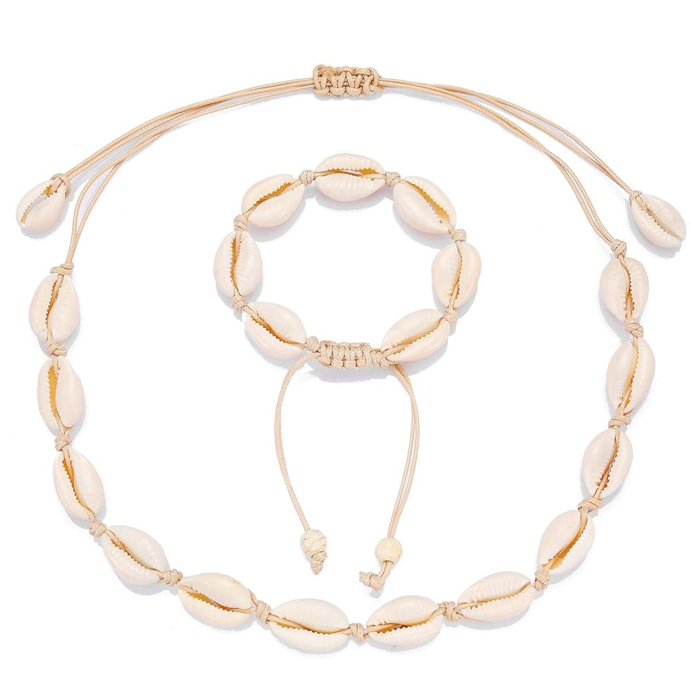 Starain 2Pcs Shell Necklace Anklet for Women Handmade Adjustable Puka Beach Shell Necklace Set | Amazon (US)