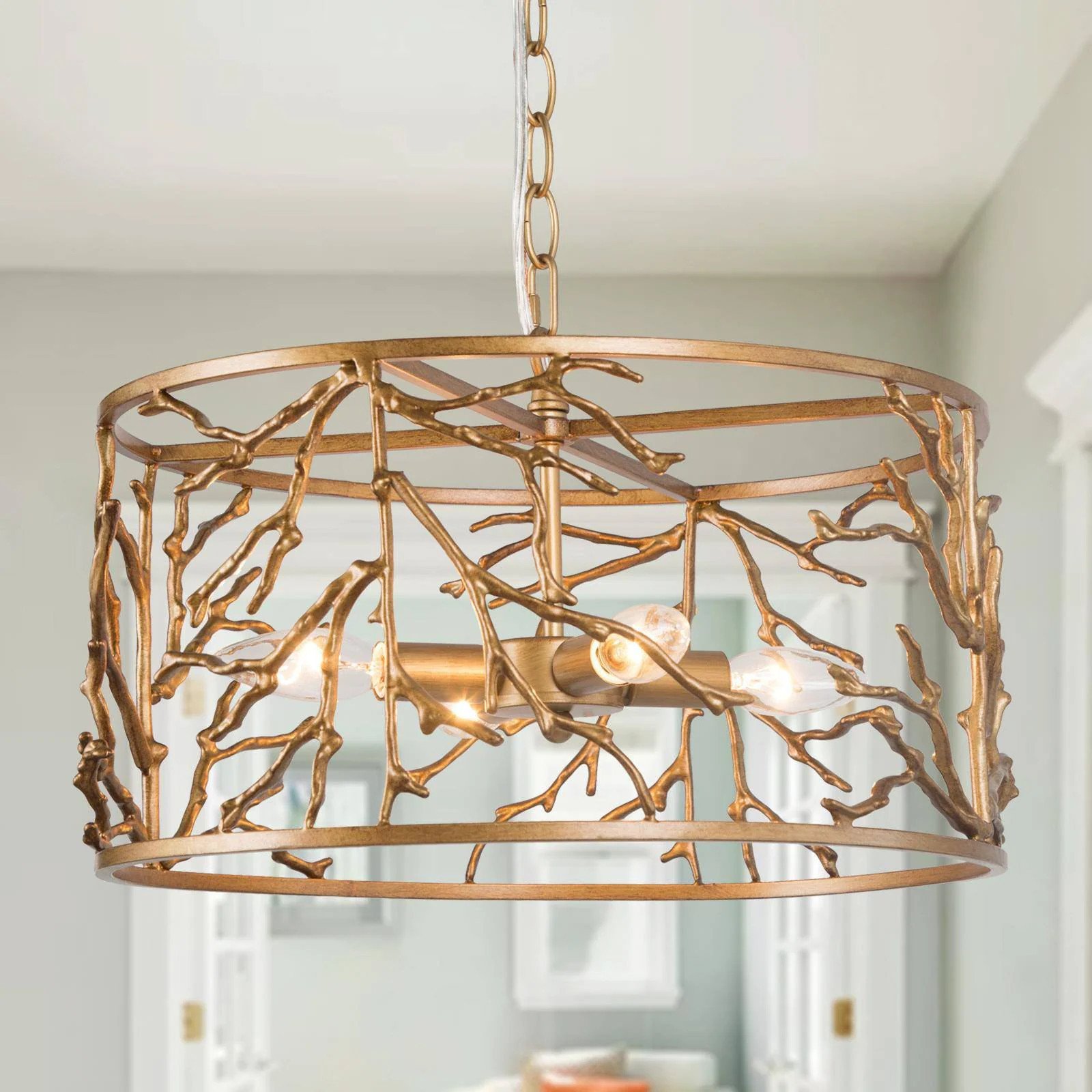 LNC Unique Gold Drum Chandelier 4 -Light Antique Brass Transitional Cage For Use in Bedrooms, Dining Rooms, Foyers, Kitchens, Living Rooms Chandelier | Lowe's