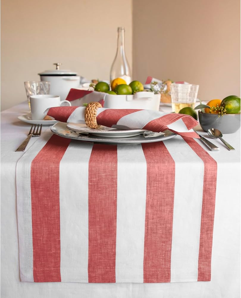 Solino Home Linen Table Runner 72 Inches Long - Cabana Stripe, 100% Pure Linen Red and White Tabl... | Amazon (US)