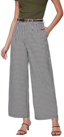 Vinova Womens Wide Straight Leg Pants Summer Plaid Pleated High Waisted Casual Work Pants | Amazon (US)