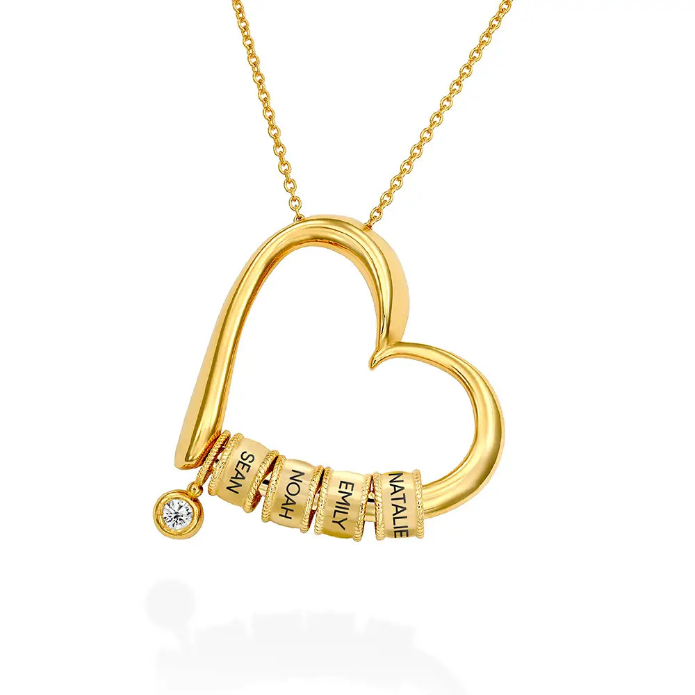 Charming Heart Necklace with Engraved Beads & 0.25CT Diamond in Gold Plating | Theo Grace
