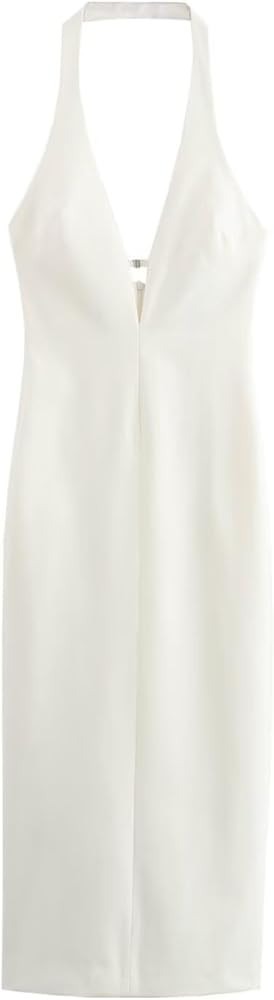Vestido midi halter sexy sin espalda para mujer, minimalista, blanco, ajustado, para fiesta, vest... | Amazon (US)