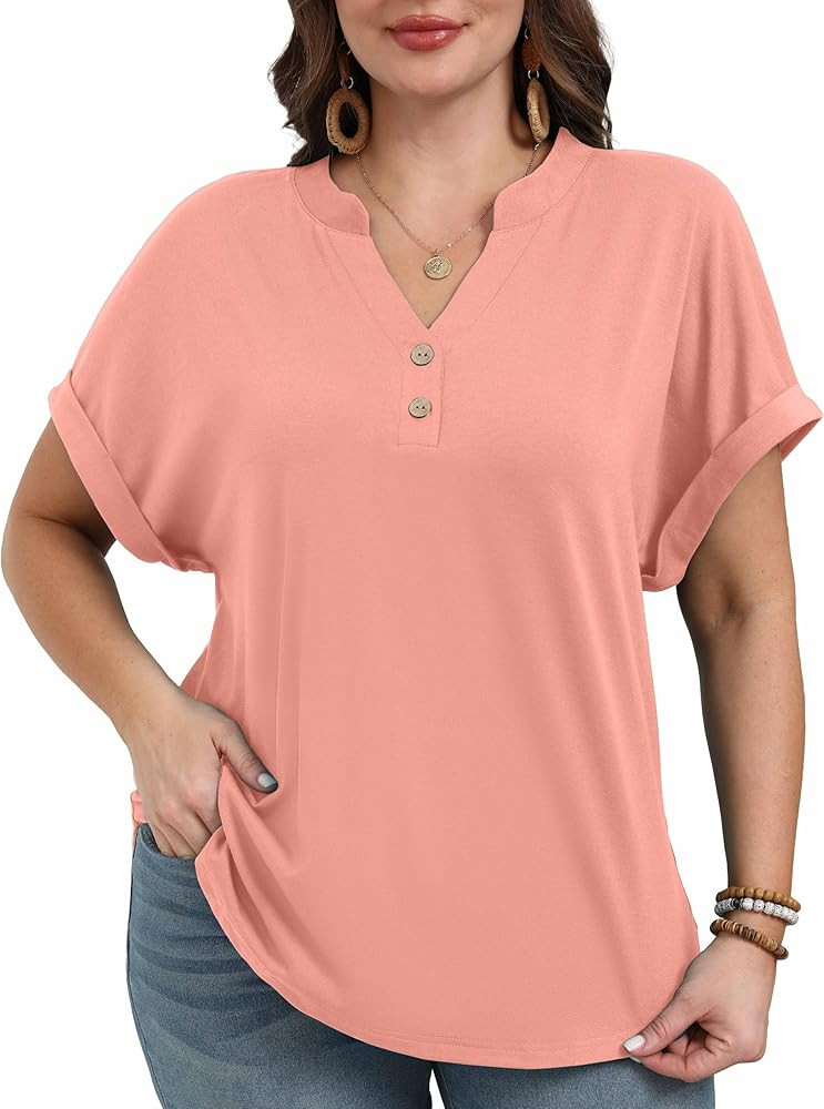 OLRIK Womens Plus Size Tops Short Sleeve Henley Tops V Neck Dressy Casual Blouses Summer Vacation... | Amazon (US)