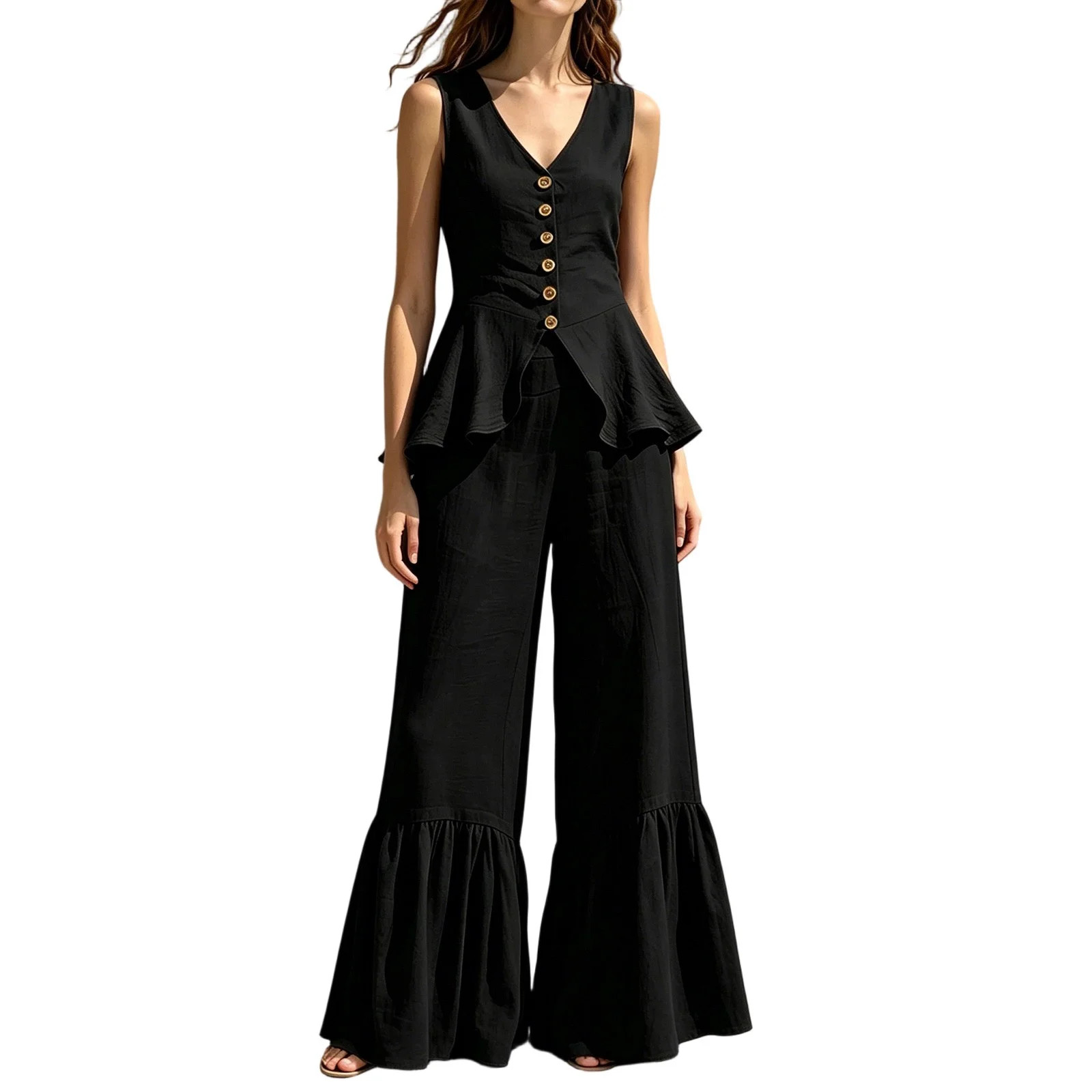 Costeam Womens Solid Color Sleeveless V Neck Ruffle Peplum Jumpsuit Front Button Detail Ruffle Hem Flared Wide Leg Linen Blend Relaxed Fit Full Length Casual One Piece Outfit | Walmart (US)