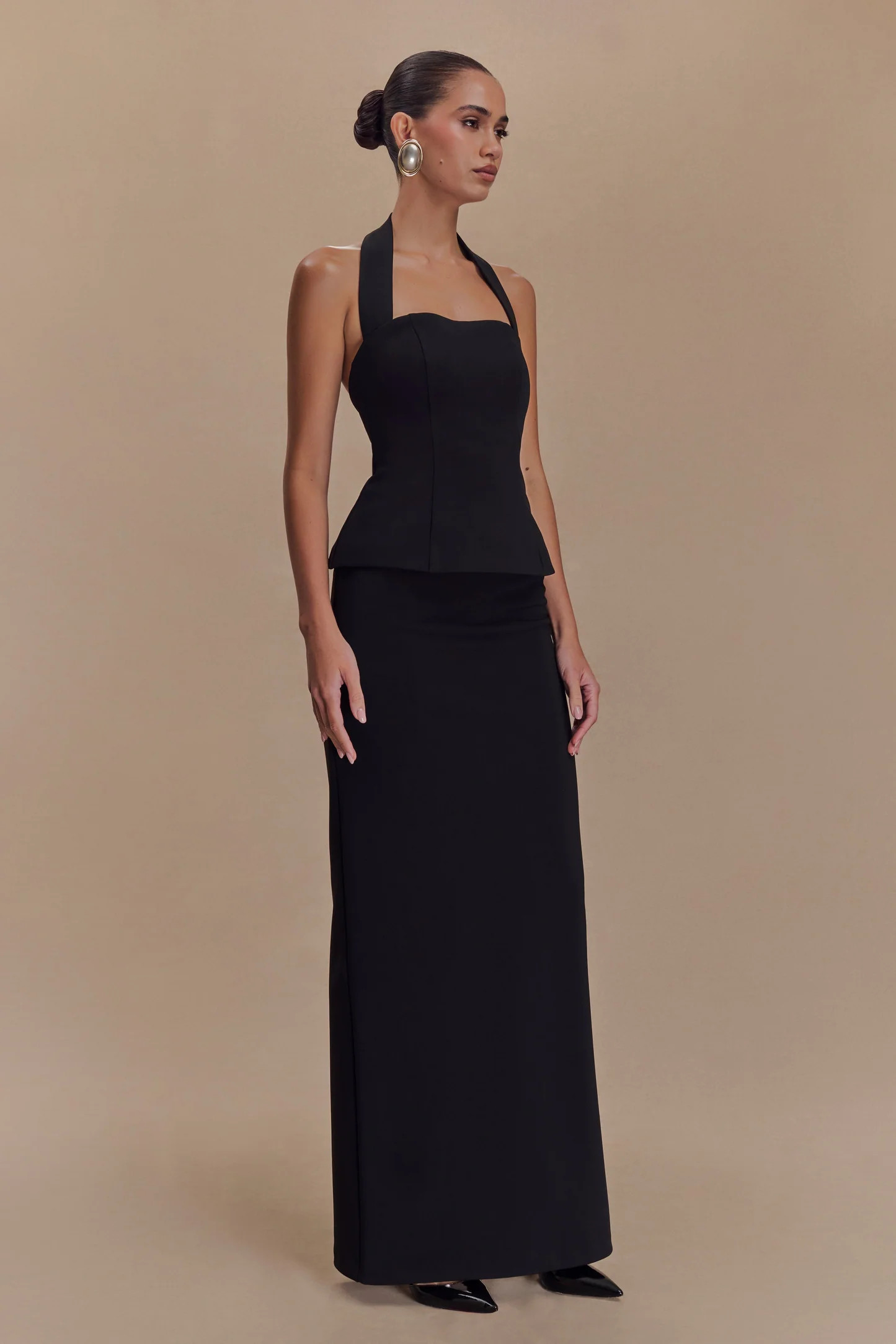 Bertie Peplum Halter Maxi Dress - Black | Meshki UK