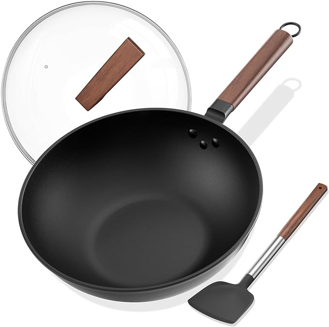 Carbon Steel Wok - Including Glass Cover and Silicone Spatula, 13-Inch Woks & Stir-Fry Pans for I... | Amazon (US)