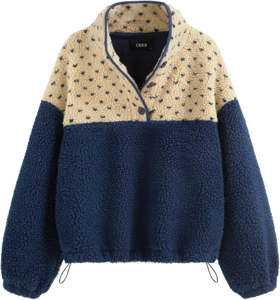 CIDER Fleece Stand Collar Two Tone Patchy Drawstring Oversized Sweatshirt | Amazon (US)