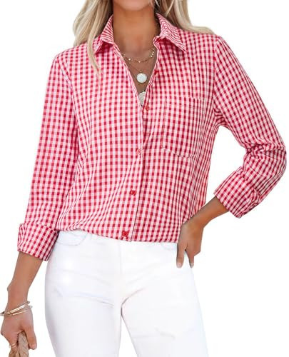 siliteelon Plaid Shirts for Women Gingham Top Button Down Long Sleeve Dress Shirts Cotton Casual Fitted Work Collared Blouse | Amazon (US)