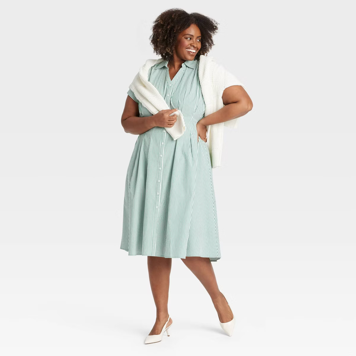 Women's Short Sleeve Pleated Midi Shirtdress - Ava & Viv™ Green Pinstripe XXL | Target