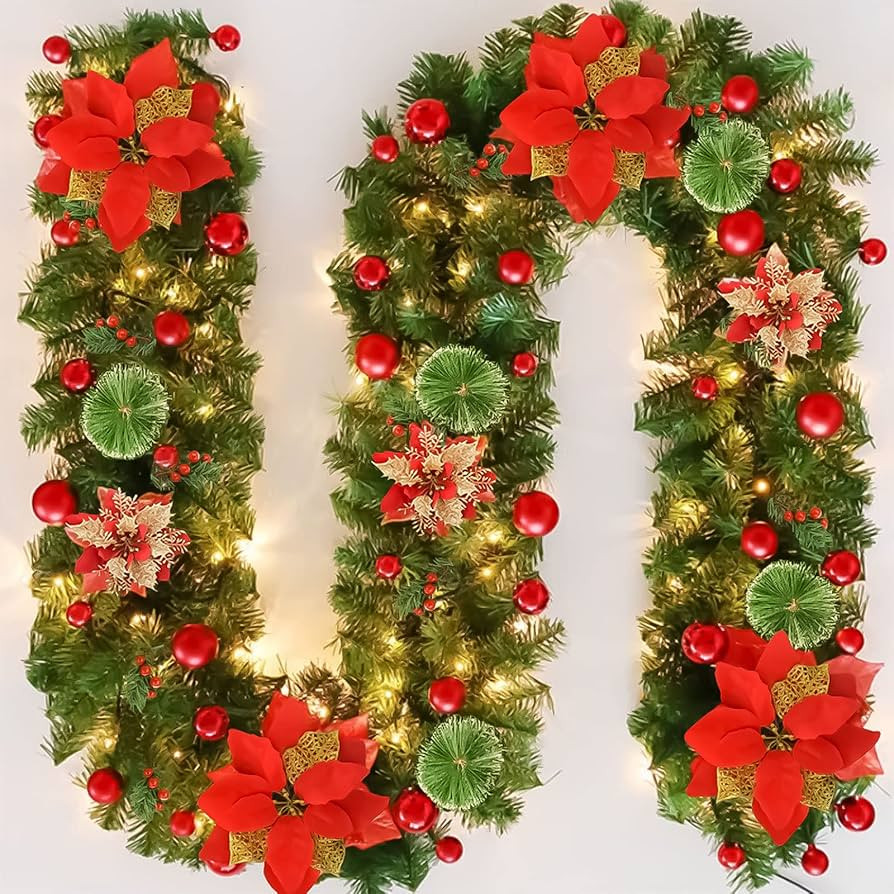 9FT Prelit Artificial Christmas Garland with Lights: Greenery Garland Decoration with 30 Warm LED... | Amazon (US)