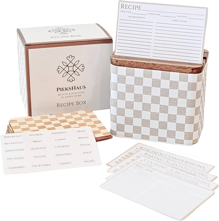 Recipe Box Set w/ Card Acacia Wood Lid & Wooden Dividers -Modern Recipe Box w/ 80 4x6" Cards & Re... | Amazon (US)
