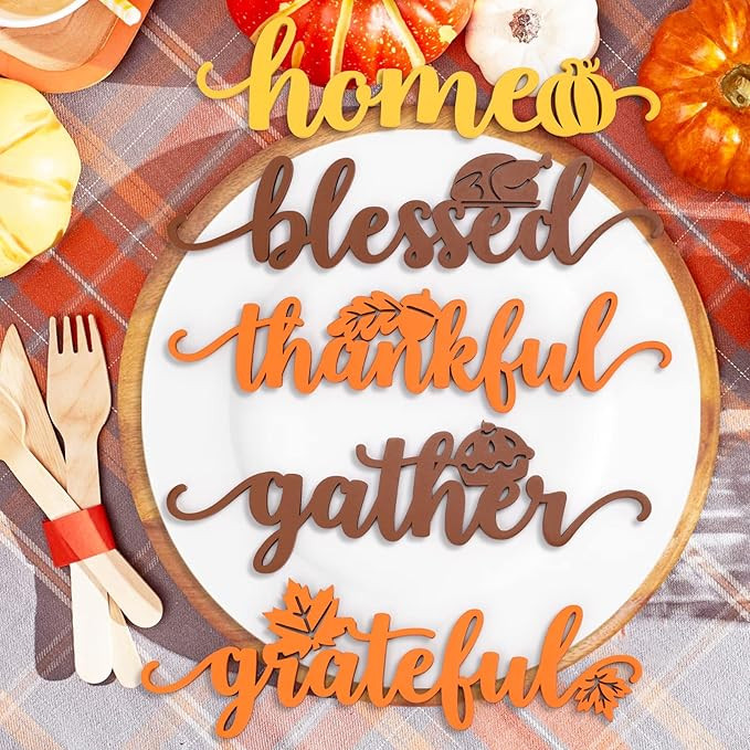 Thanksgiving Table Word Place Setting Plate Letter Sign Home Gather Blessed Grateful Thankful Woo... | Amazon (US)