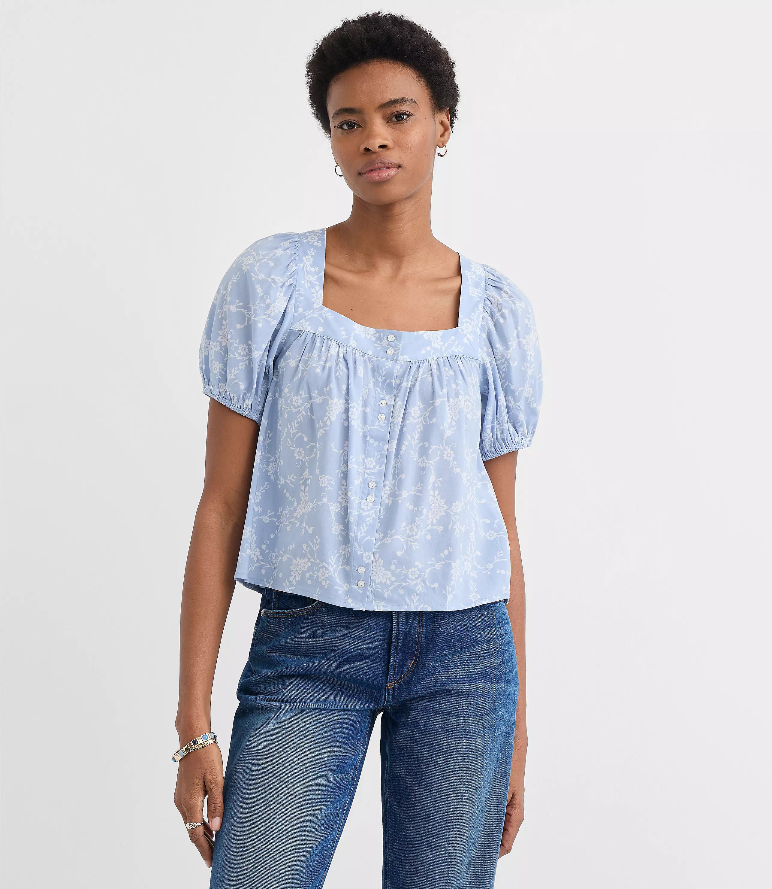 Paisley Puff Sleeve Square Neck Blouse | LOFT