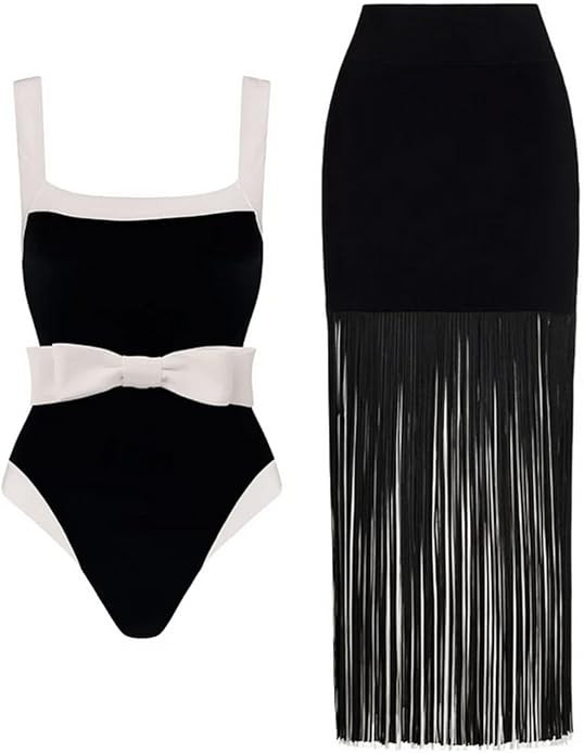 Bow Belted Black and White One Piece Swimsuit and Tassel Skirt | Amazon (US)