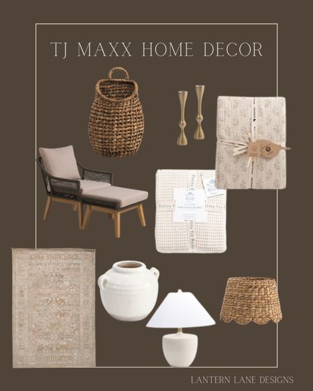 TJ Maxx home decor finds, hanging rattan basket, scalloped lamp shade, vintage table lamp, quilt, waffle knit throw, lounge chair, vintage candlesticks

#LTKSeasonal #LTKfindsunder100 #LTKhome