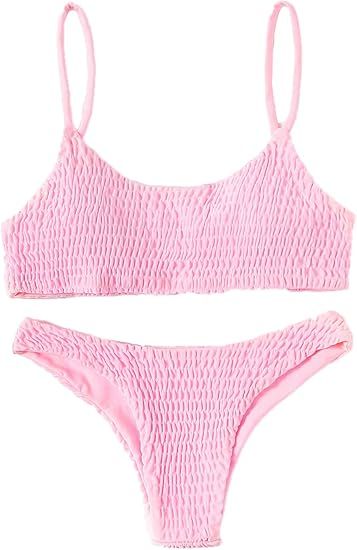 Verdusa Women's 2 Peices Textured Bathing Suit Smocked Wireless Bikini Bandeau Top Thong Swimsuit | Amazon (US)