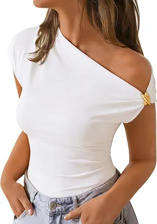 ZESICA Women's 2026 Summer Off Shoulder Tops Going Out Sexy Y2k Shirts Spring Cap Sleeve Ruched A... | Amazon (US)