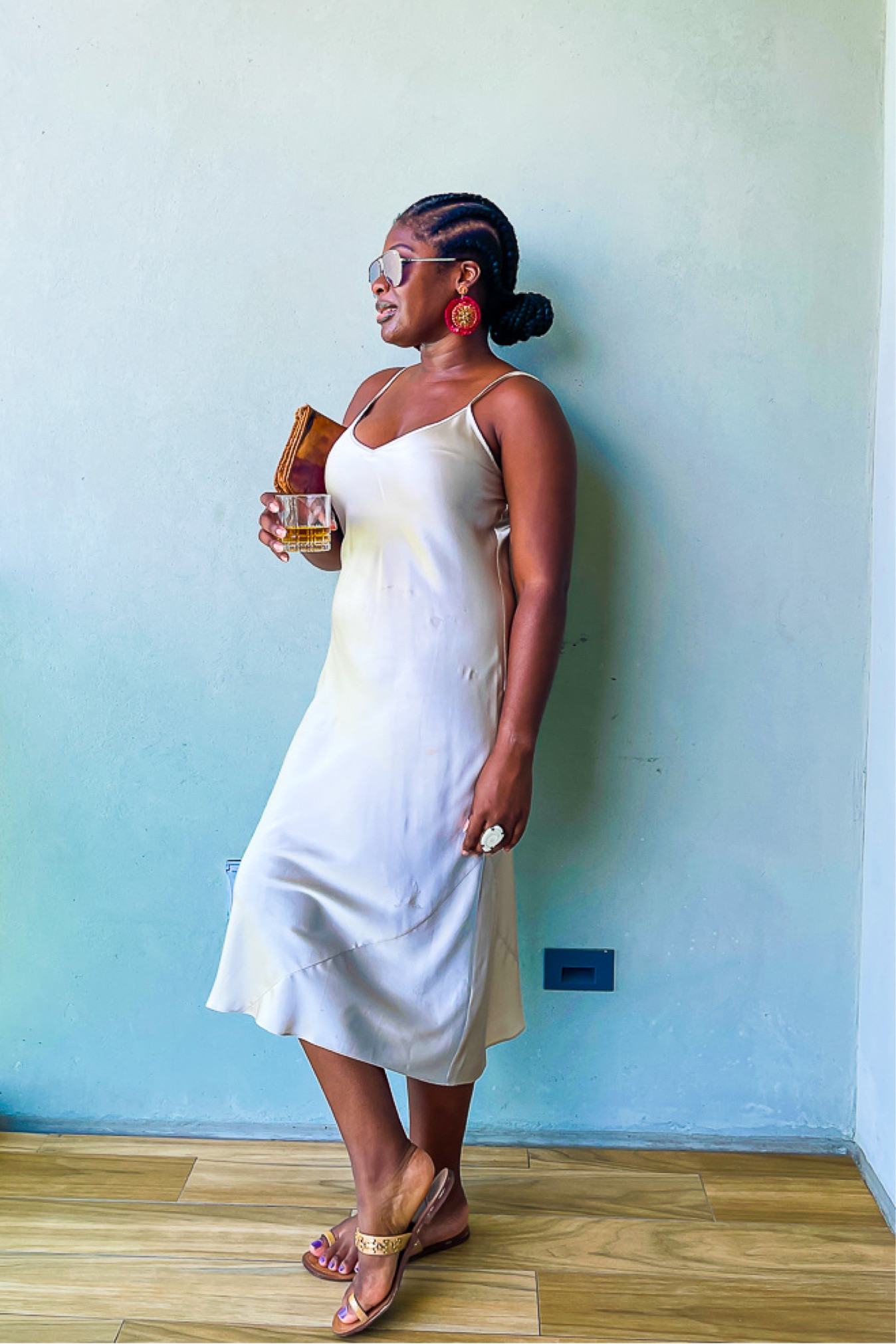 Outdoor dinner & drinks vibe. 

Black girl aesthetic silk slip dress polarized gold aviators champagne nude dress

#LTKunder100 #LTKtravel #LTKstyletip