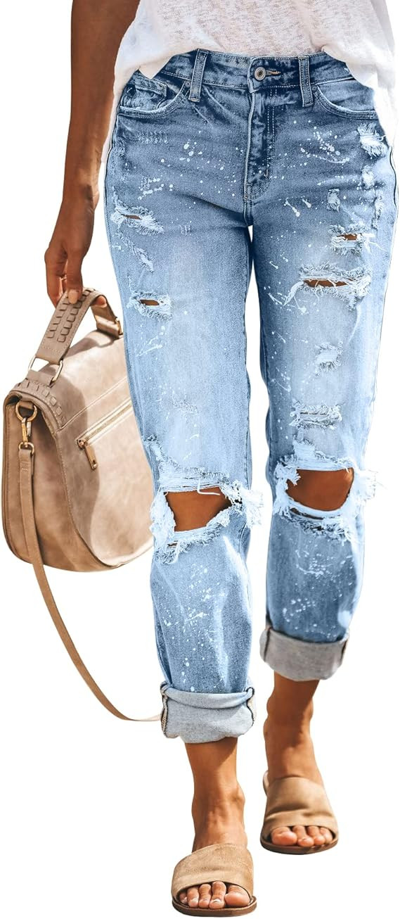 KUNMI Women's Ripped Mid Waisted Boyfriend Jeans Loose Fit Distressed Stretchy Denim Pants | Amazon (US)
