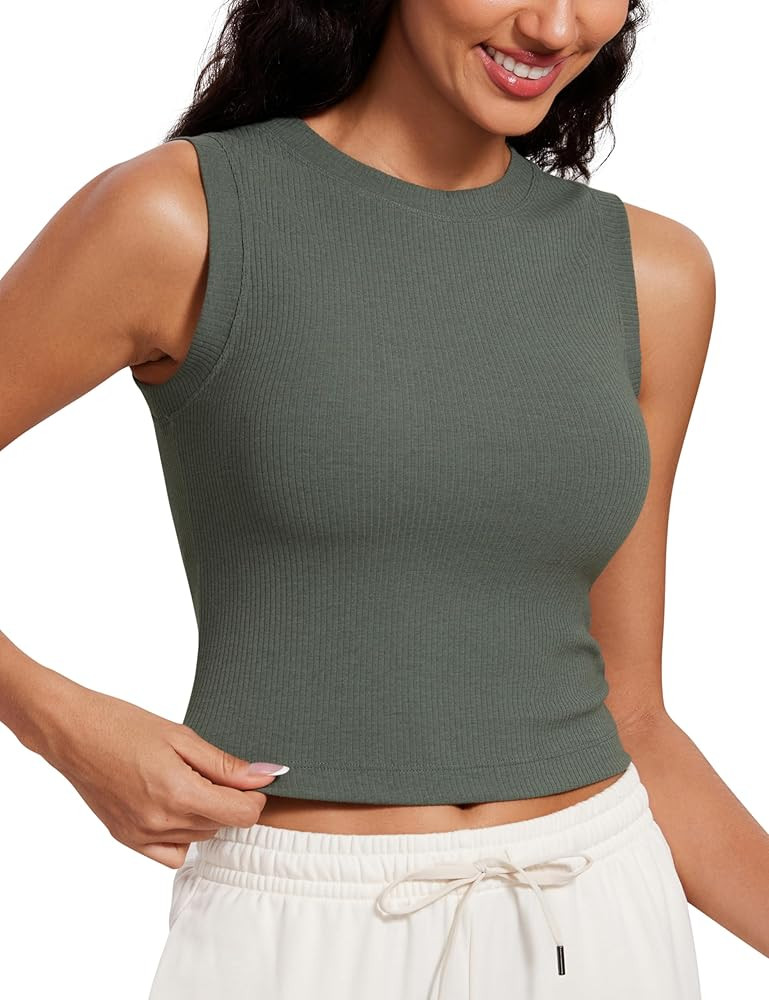 CRZ YOGA Womens Ribbed High Neck Tanks Sleeveless Fitted Basic Tops Going Out Casual Yoga Workout... | Amazon (US)