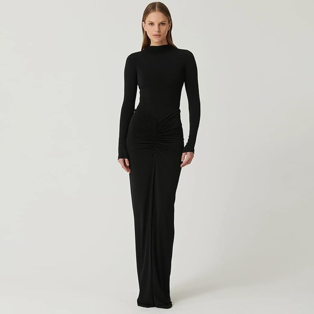 Womens Sexy Maxi Dress Long Sleeve Ruched Bodycon Turtleneck Club Party Casual Wedding Dresses | Amazon (US)
