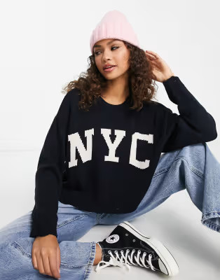 Stradivarius NYC knit sweater in navy | ASOS (Global)