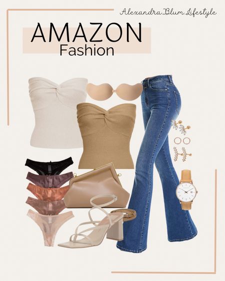 Amazon fashion finds! Amazon best selling products like strapless sweater tops, flare jeans, lace thong set, nude heels, crossbody purse, watch, studs earrings, and sticky bra! Date night outfit idea! Spring outfits

#LTKshoecrush #LTKitbag #LTKFind