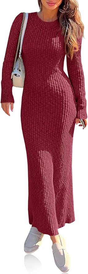 Wenrine Womens Sweater Maxi Dress Long Sleeve Knit Ribbed Crew Neck Slim Fit Casaul Fall Long Dre... | Amazon (US)