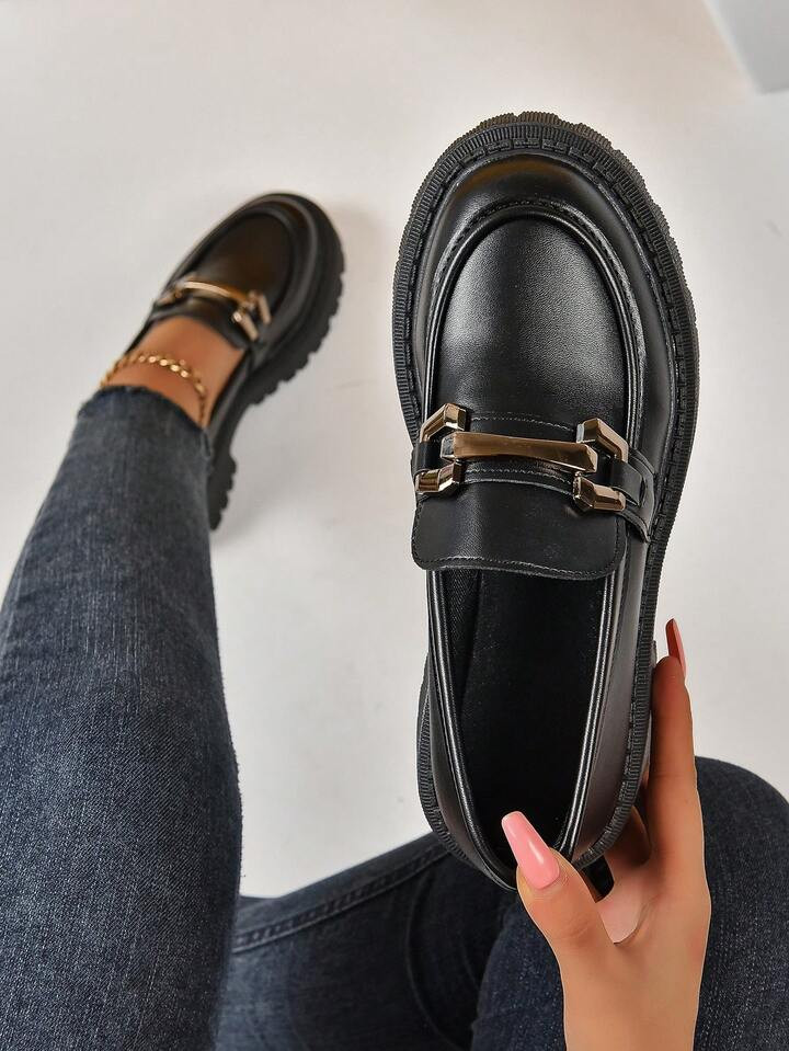 Horsebit Fashionable And Versatile British Style Pu Leather Shoes For Women 2023 Autumn New Platf... | SHEIN