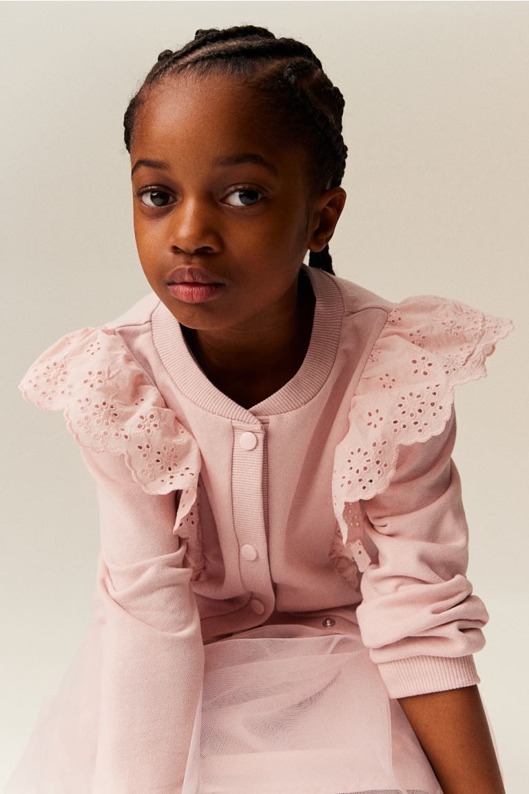 Ruffle-trimmed Sweatshirt Cardigan - Light dusty pink - Kids | H&M US | H&M (US + CA)