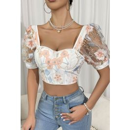 Floral Embroidery Mesh Puff Sleeves Corset Top for Brunch Dates & Garden Parties | Chicwish