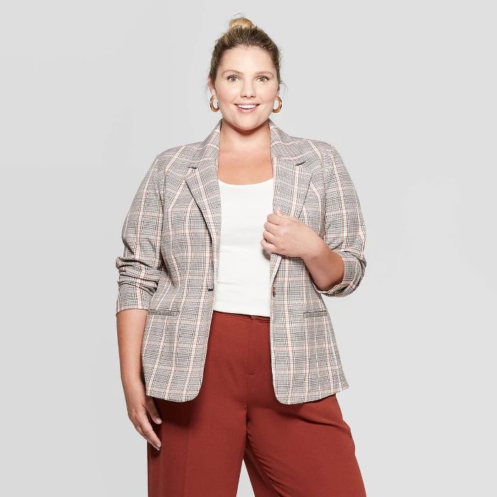 Women's Plus Size Plaid Blazer - Ava & Viv™ Brown | Target