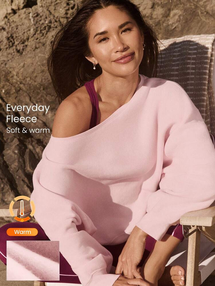 GLOWMODE Everyday Fleece Shine Bright Soft Warm Lightweight Oversized Off-The-Shoulder Pullover Sweatshirt Autumn Winter Outdoors Daily Casual Wear | SHEIN