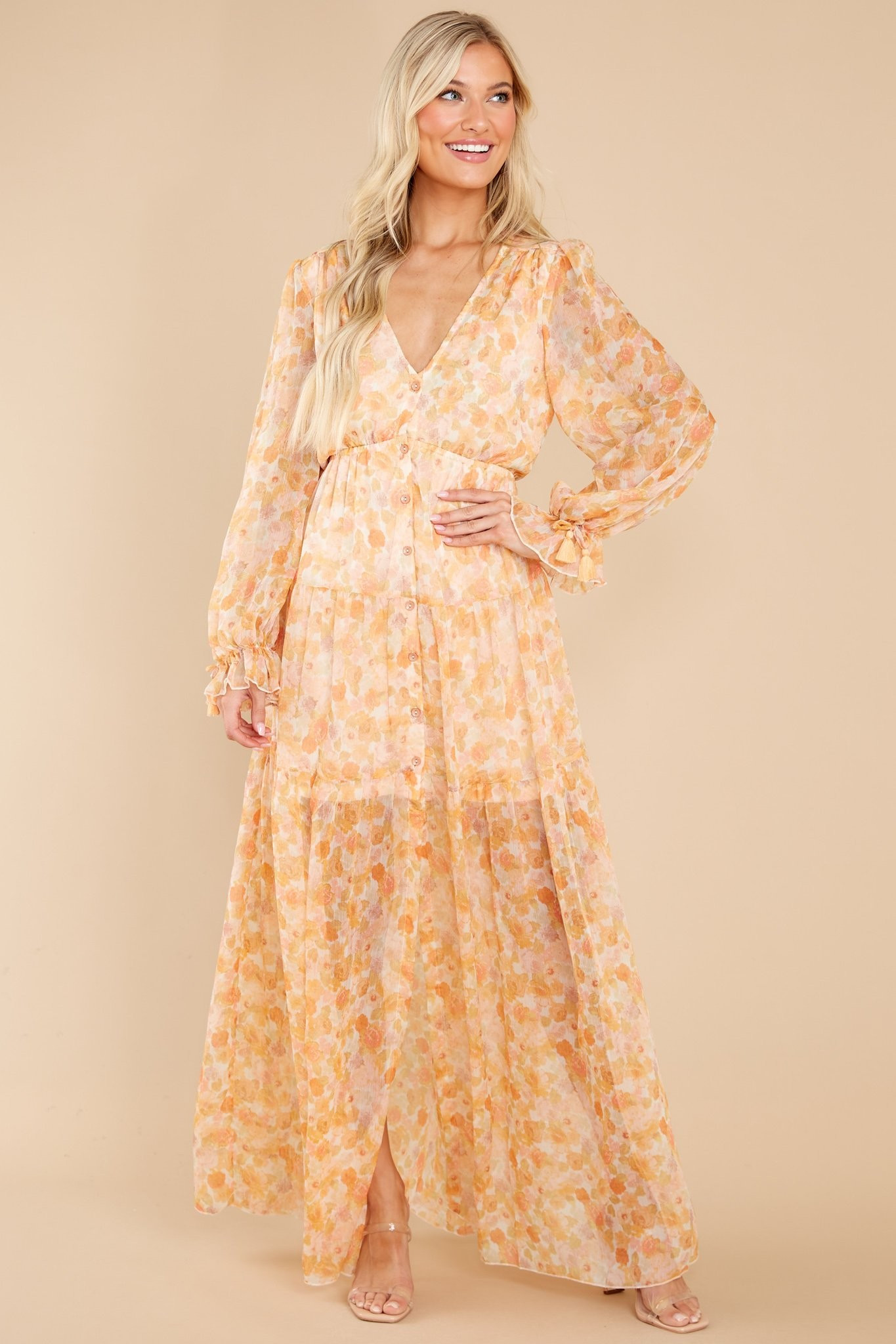 Ready To Flourish Peach Floral Print Maxi Dress | Red Dress 