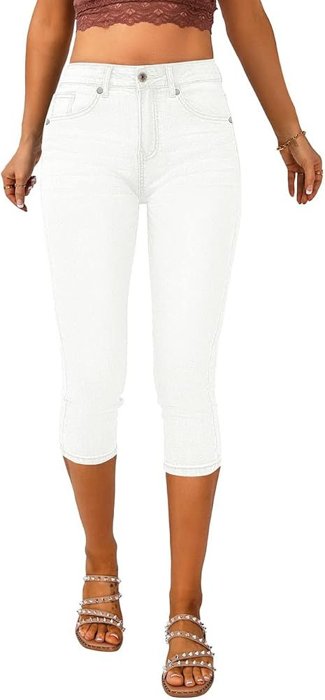 Vetinee Women's High Waisted Casual Ripped Skinny Slim Fit Stretch Denim Capri Jeans | Amazon (US)