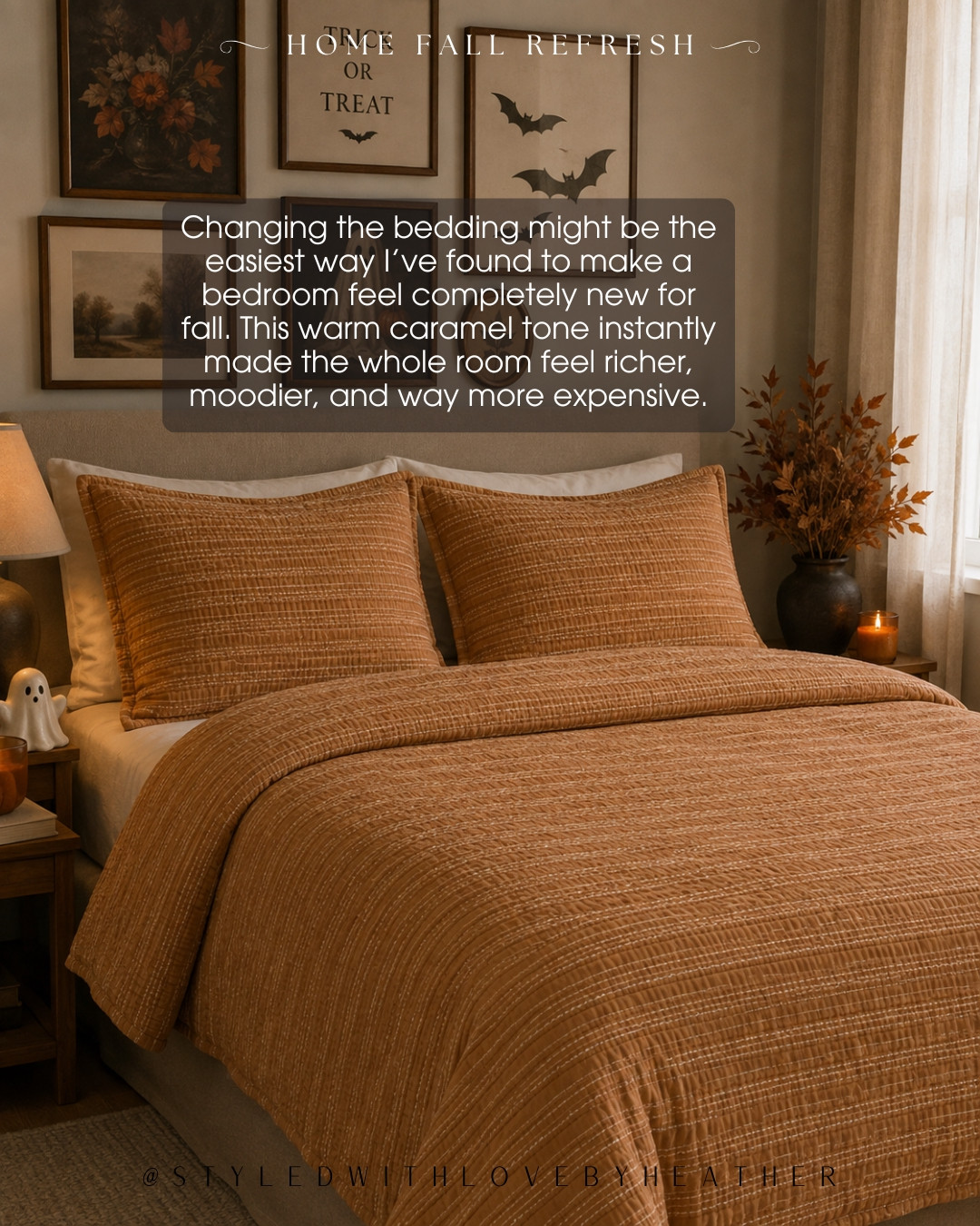Possibly the coziest upgrade in this entire fall refresh. 🤎 The warm caramel bedding completely changes the mood of the bedroom and gives it that rich, cozy fall look with one simple swap. Tap to shop! 

 #LTKdayinmylife #LTKvlog #LTKHome