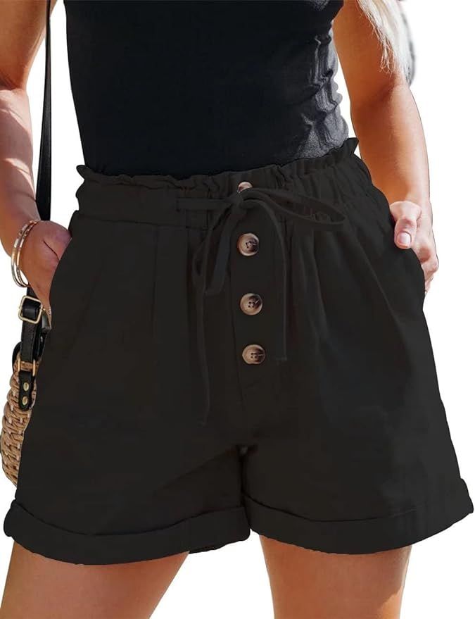 FEKOAFE Women Soft Comfy Drawstring Casual Cotton Elastic Waist Pocketed Shorts | Amazon (US)