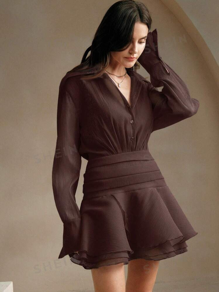 Anewsta Women's Unique Design Ruffle Edge Slouchy Shirt Dress, Tie-Waist Peplum Mini Skirt | SHEIN