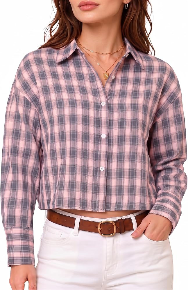 MANGOPOP Cropped Plaid Button Down Shirts for Women Collared Long Sleeve Blouse Business Casual T... | Amazon (US)