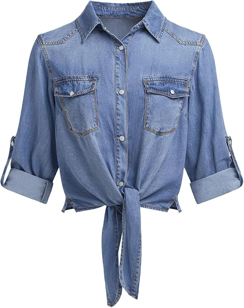 PRETTYGARDEN Womens Denim Shirts Long Sleeve Button Down Shirt Women Tie Knot Front Cardigans Sum... | Amazon (US)