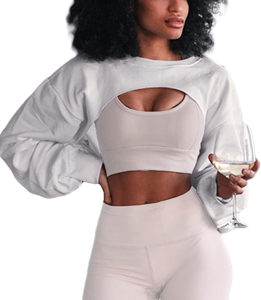 Women Crewneck Long Sleeve Crop Top Workout Gym Casual Cut out Loose Cropped Sweatshirt | Amazon (US)