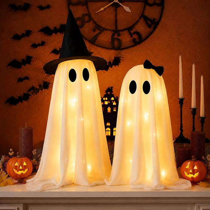 LED Light Up Halloween Ghost Decorations, Set of 2 Soft Polyester Ghost Tabletop Decor with Warm ... | Amazon (US)