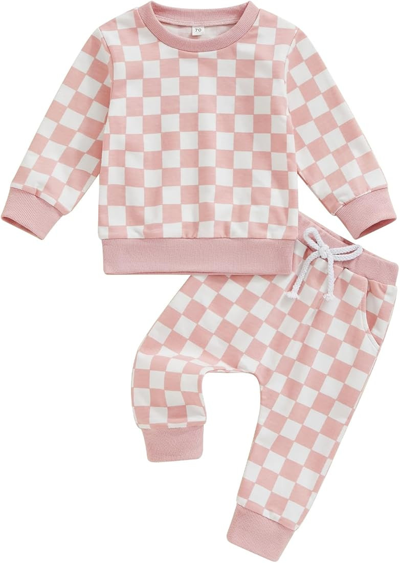 Toddler Baby Girl Fall Outfits Long Sleeve Checkerboard Print Tops Drawstring Pants Cute Litter G... | Amazon (US)