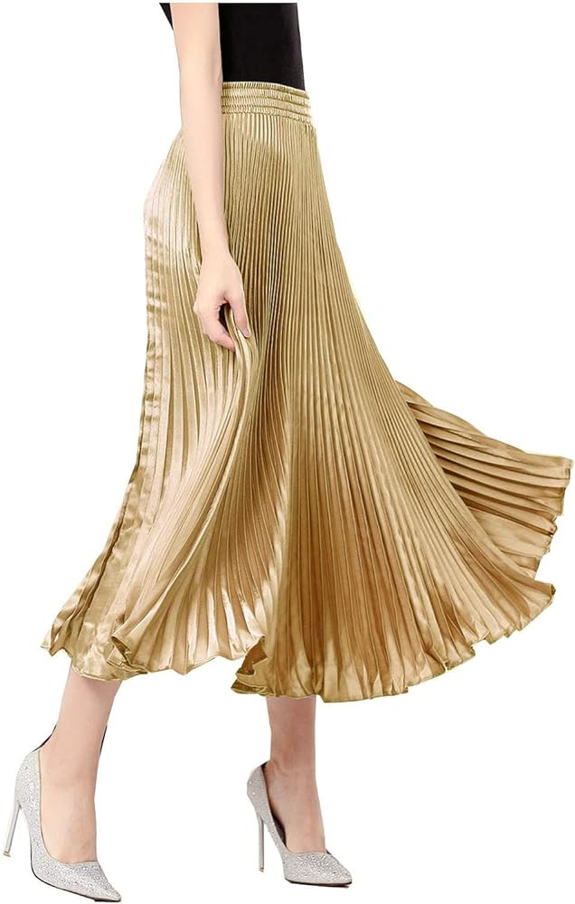 TONCHENGSD Women's Satin Metallic Pleated Accordion Long Maxi Skirt | Amazon (US)