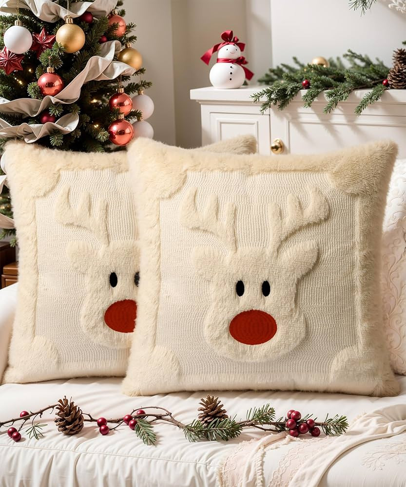 Christmas Pillow Covers 18x18 Set of 2 Decorative Soft Plush Faux Rabbit Fur Reindeer Christmas P... | Amazon (US)