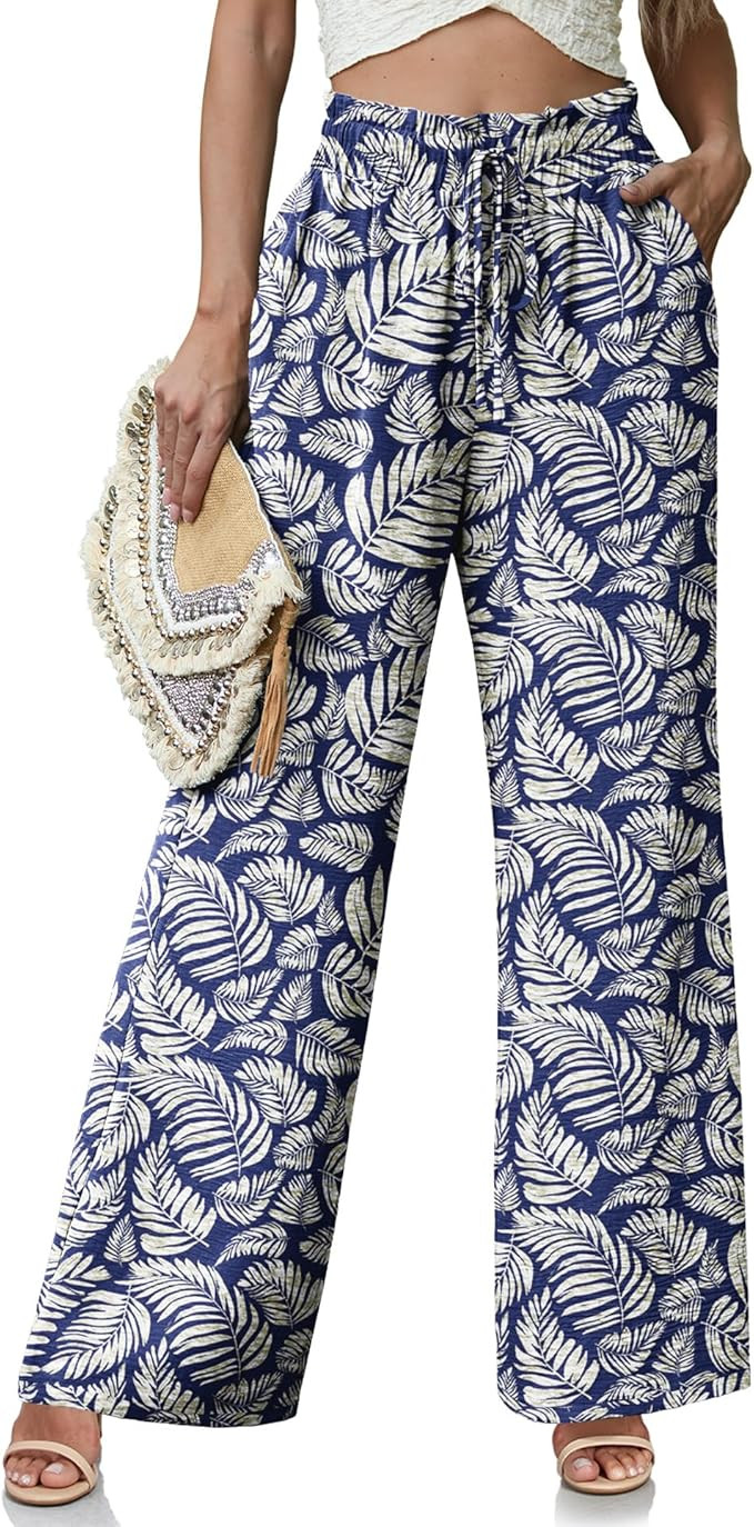 Women's High Waisted Wide Leg Pants Flowy Palazzo Pants Work Casual Tie Knot Pants with Pockets | Amazon (US)