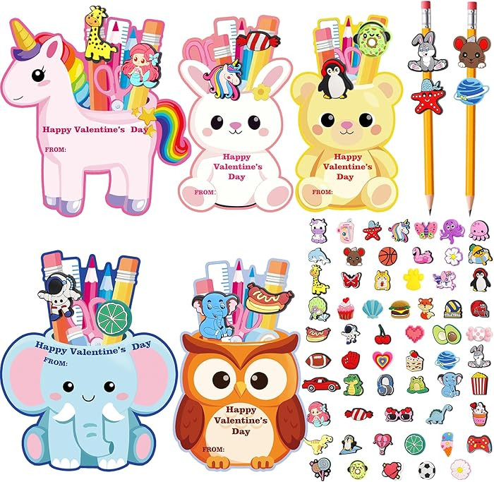 AYGXU Valentines gifts for kids school-60pcs pencil toppers for kids bulk with 30 valentines card... | Amazon (US)