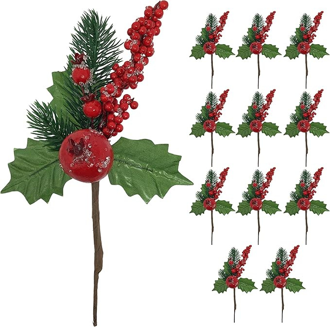 Christmas Floral Picks - Set of 12 - Christmas Frosted Red Berries, Berry Cluster & Apple with Pi... | Amazon (US)