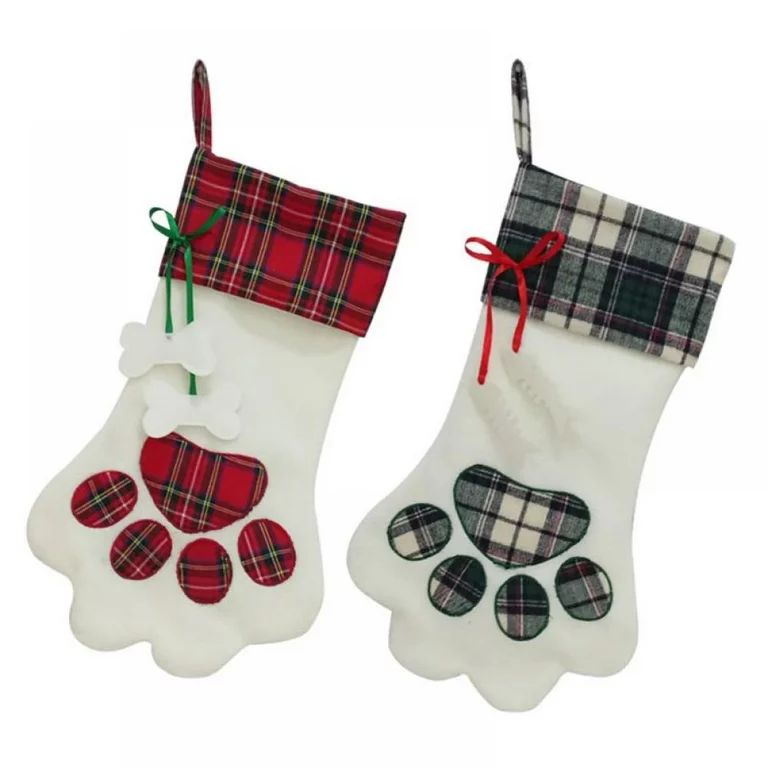 2PCS Christmas Stockings Pet Dog Cat Paw Plaid Stocking Gift Bag Fireplace Xmas Tree Hanging Deco... | Walmart (US)